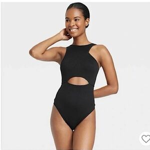 Black Ribbed Cutout Bodysuit